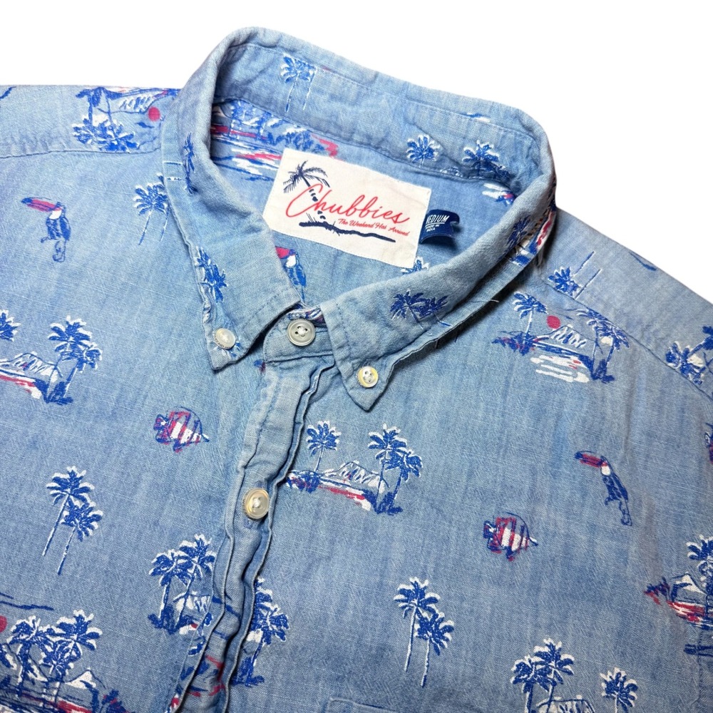 Chubbies Mens M Blue Cotton Tropical Toucan Fish Palm Tree Button Down Shirt